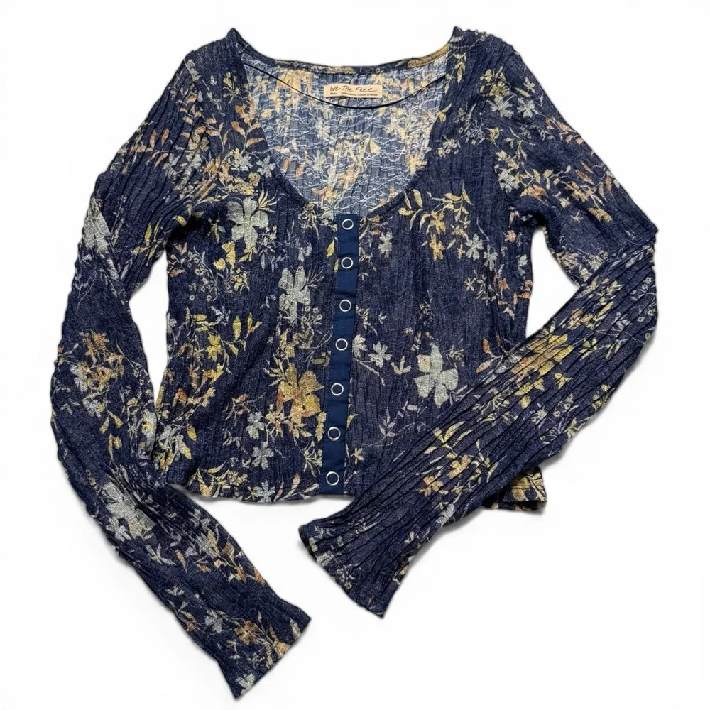 5 for $25!! Free People We the Free Angelina Top Indigo Floral Long Sleeve
